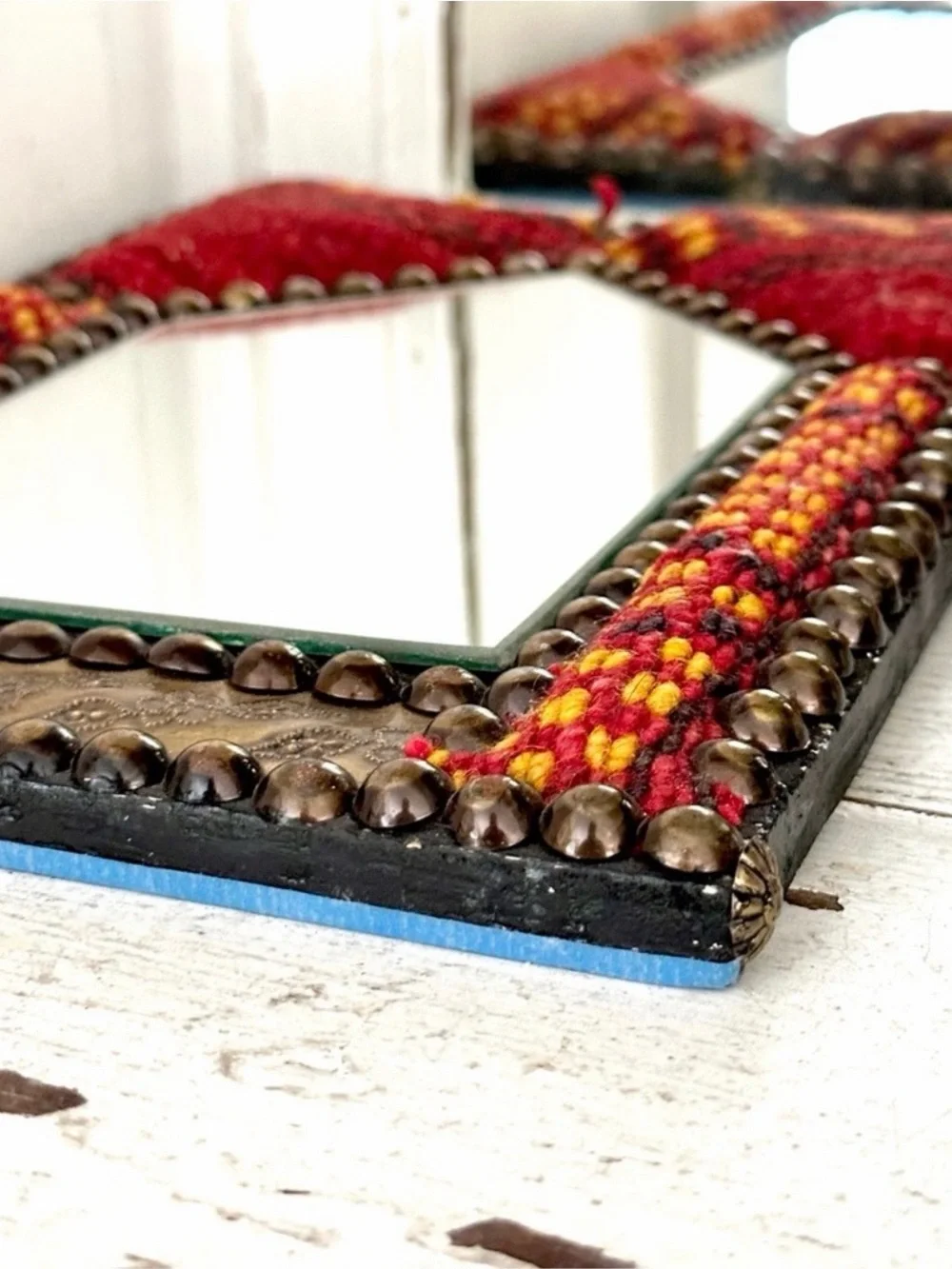 Egyptian Kilim Rug Mirror Studs Vibrant Colors With Carved Metal Red And Gold